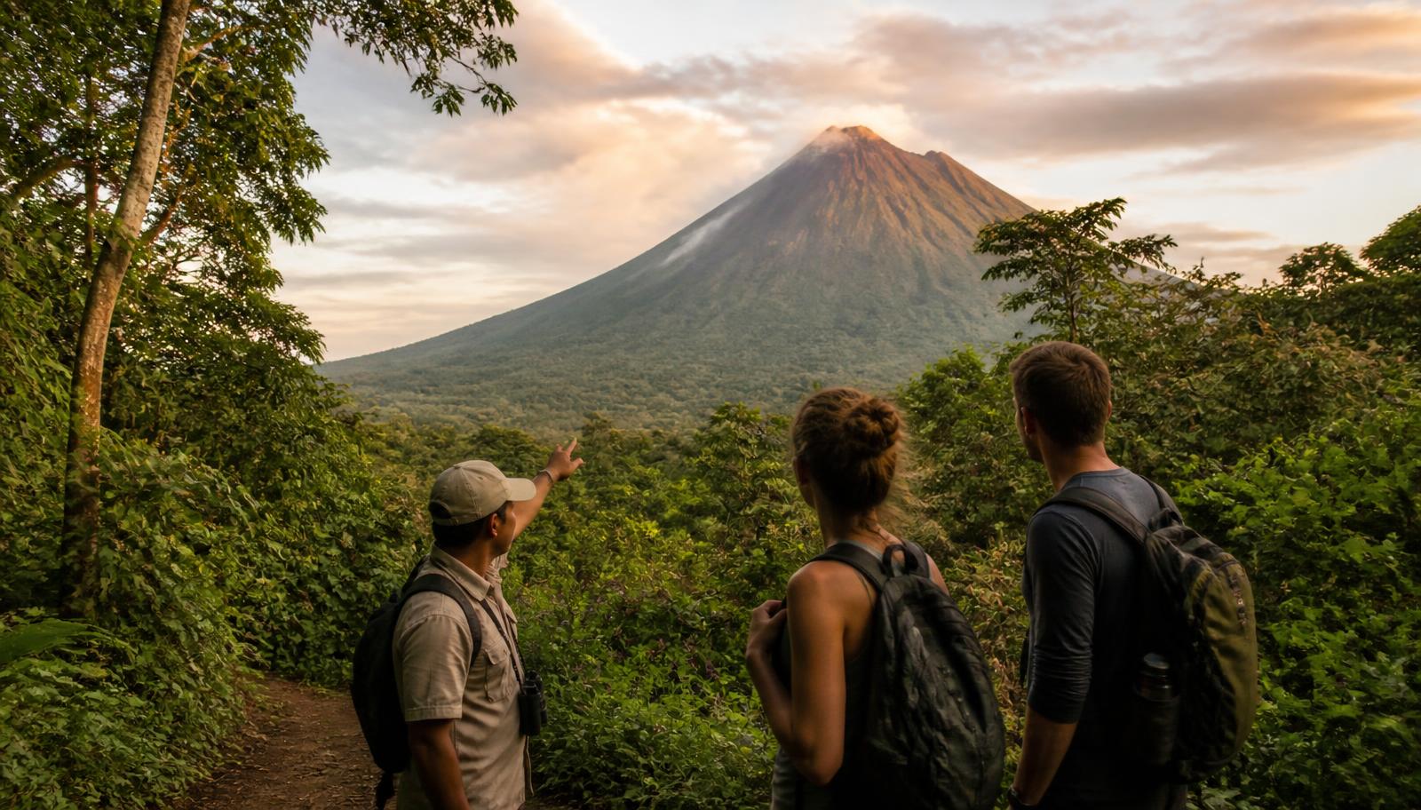 Guide naturaliste et voyageurs face au volcan Arenal, Costa Rica
