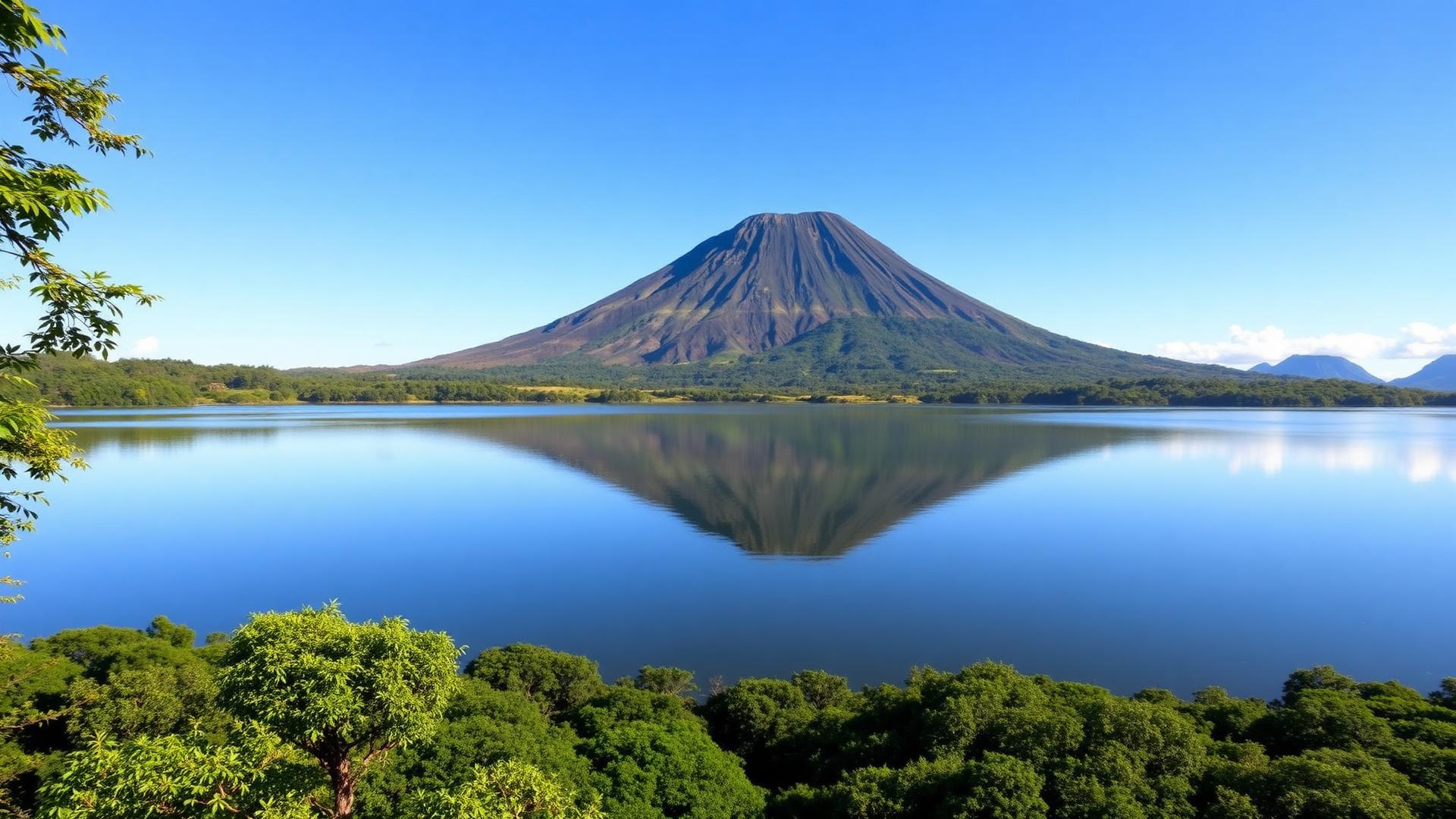 Volcan se reflétant dans un lac calme entouré de forêt tropicale, Costa Rica